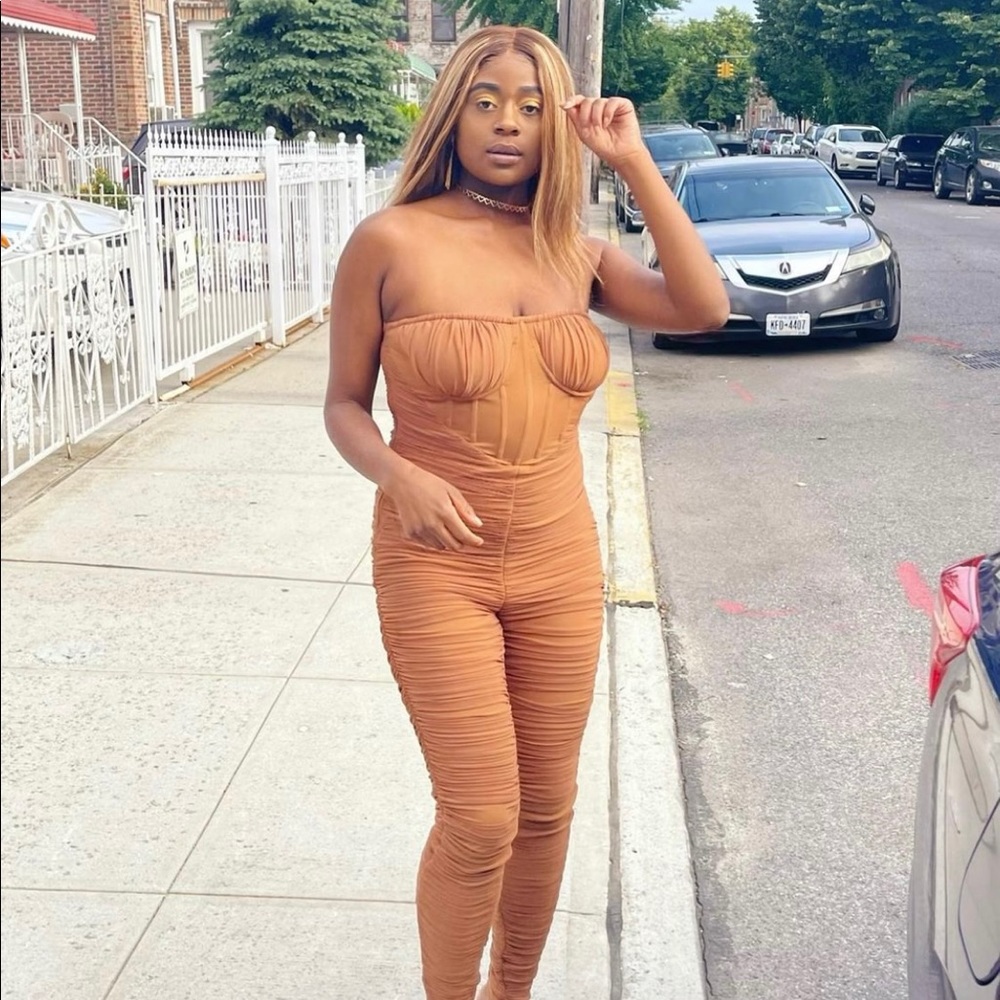 Chocolate Corset Detail Mesh Ruched Bandeau Jumpsuit